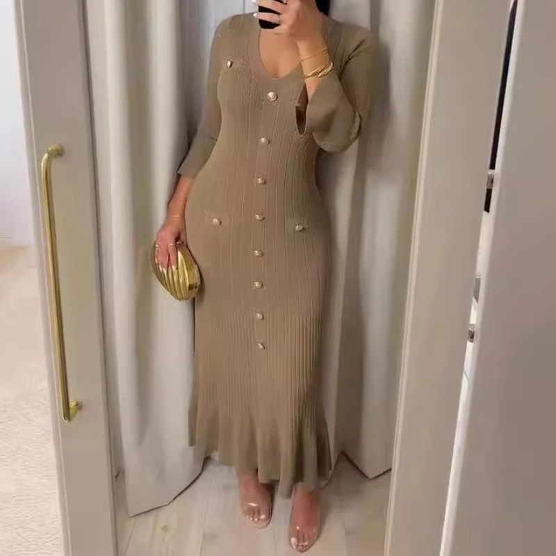 

Women Dress Long Dresses Slim Sexy Bodycon V Neck Y2k Streetwear Single Breasted Ruffles Knitted Vestidos Elegant Y2k Streetwear