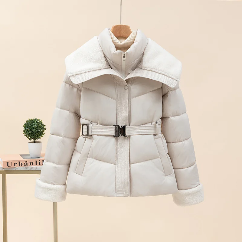 

Fashion Lamb Fur Big Collar Cotton Jackets for Women Winter Thick Warm Slim Waist Cotton Padded Coats with Belt Lady Parkas