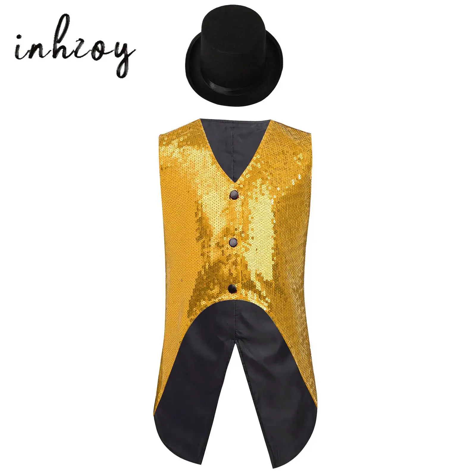 キッズボーイズ燕尾服衣装キラキラスパンコールノースリーブ非対称裾ベスト+帽子ジャズダンス誕生日パーティーステージパフォーマンス用