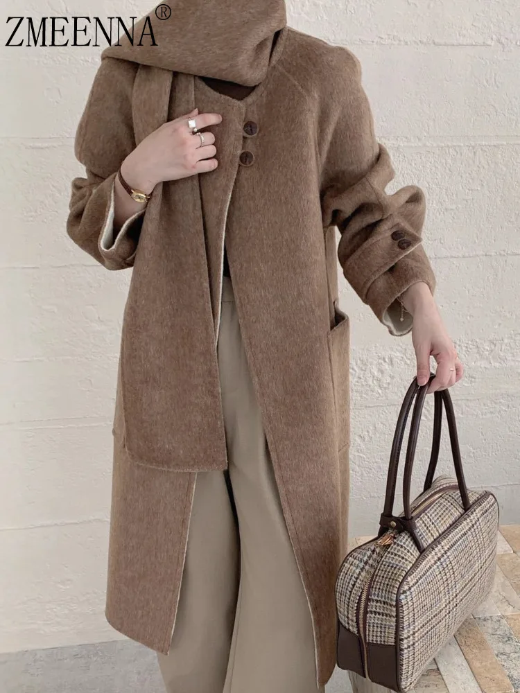 

ZMEENNA Womens Chic Camel Wool Blend Long Coat With Matching Scarf Details And Pockets Winter Outerwear ZM3700