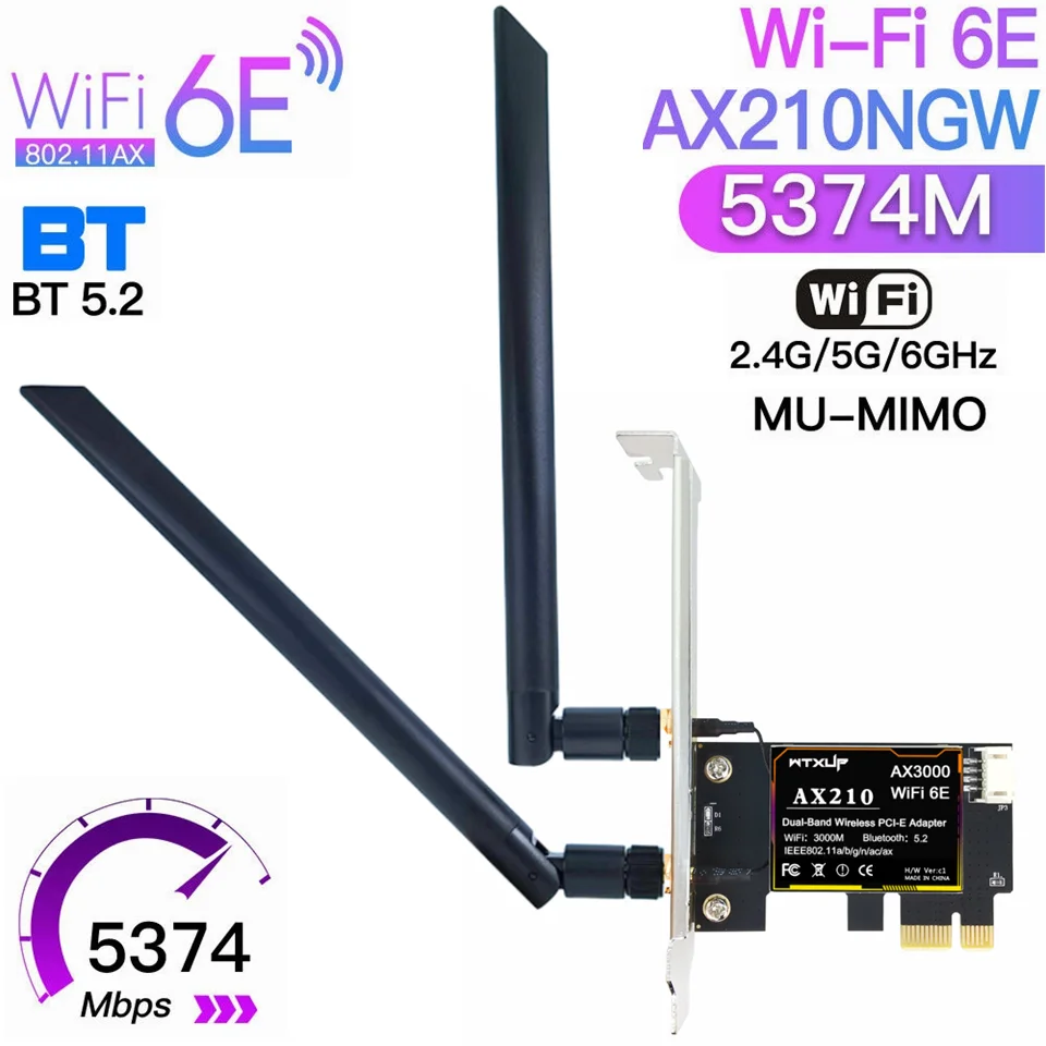 5374Mbps WIFI 6E PCI-E Wireless Network Card AX210 802.11AX 3000Mbps 3 Band 6G PCI e WIFI6 2 IN 1 PCIE WIFI Bluetooth Adapter