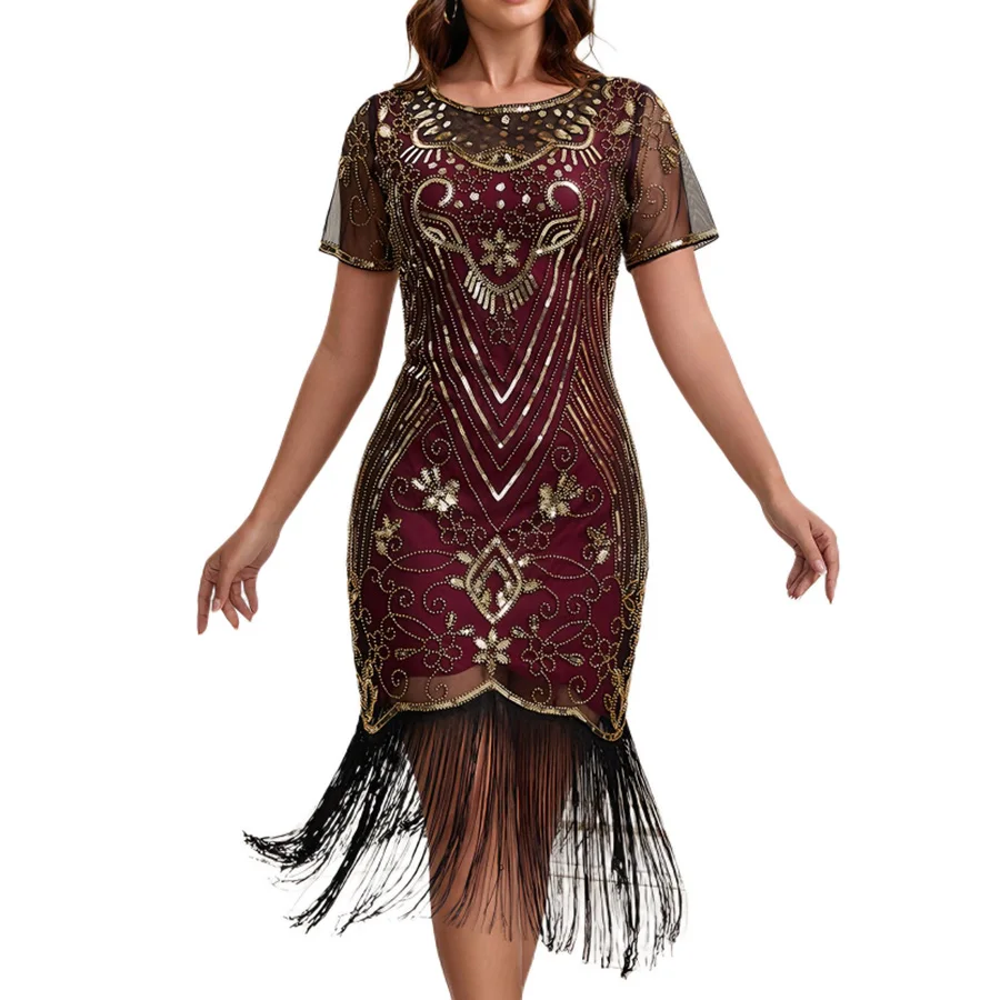 1920s Flapper Dress Great Gatsby Beaded Sequin Fringe Wine Red Party Cocktail Dress