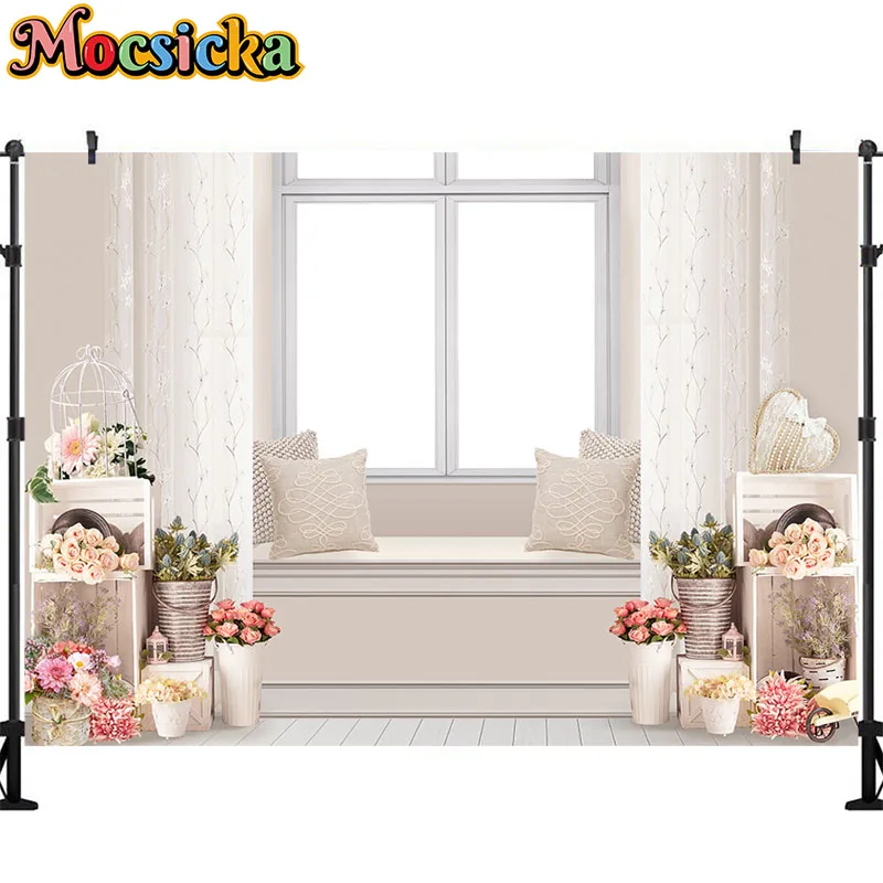 Window Sill Photography Backdrop Spring Flowers Decorative Banners Newborn Portrait Photo Shoot Kids Cake Smash Background