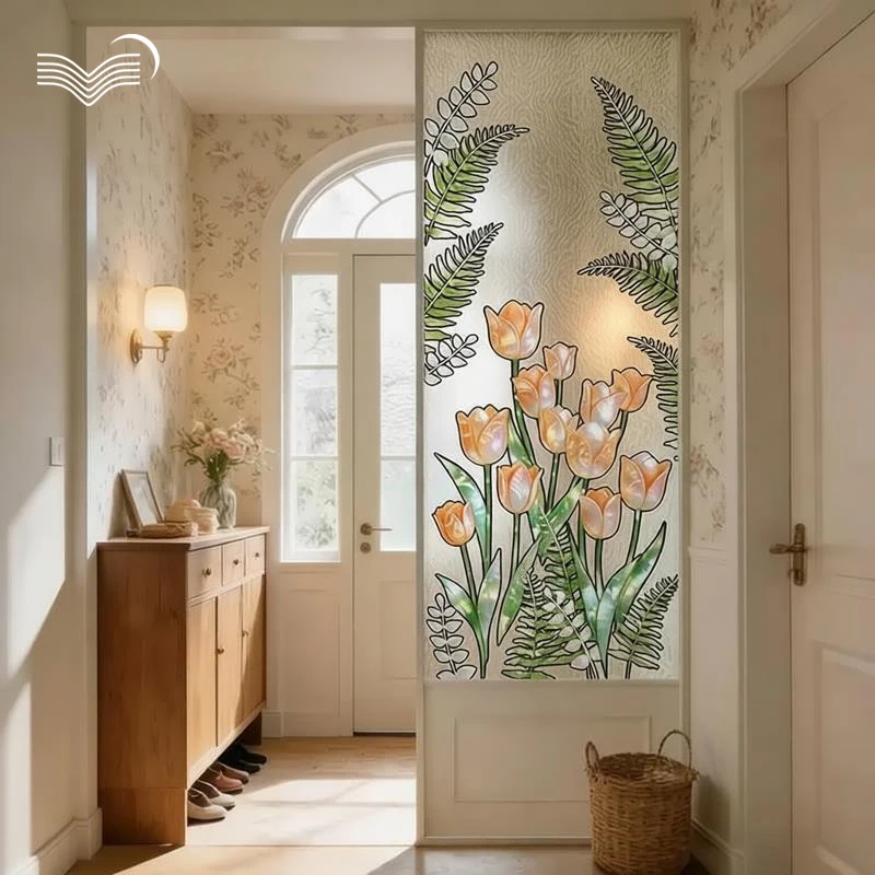 Vintage Tulip Fern Water Ripple Static Cling Window Film Anti-peep Door Window Decorative Sticker PVC Privacy Glass Decal