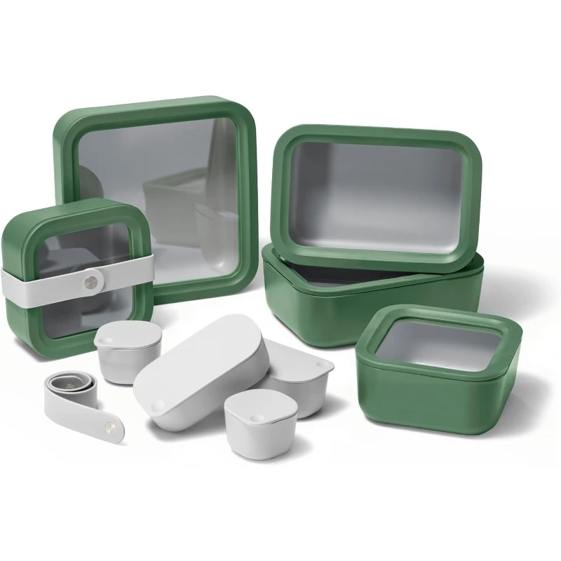 Glass Food Storage Set,  Lunch Box Containers with Glass Lids - Includes Storage Organizer & Dot & Dash Inserts - Sage