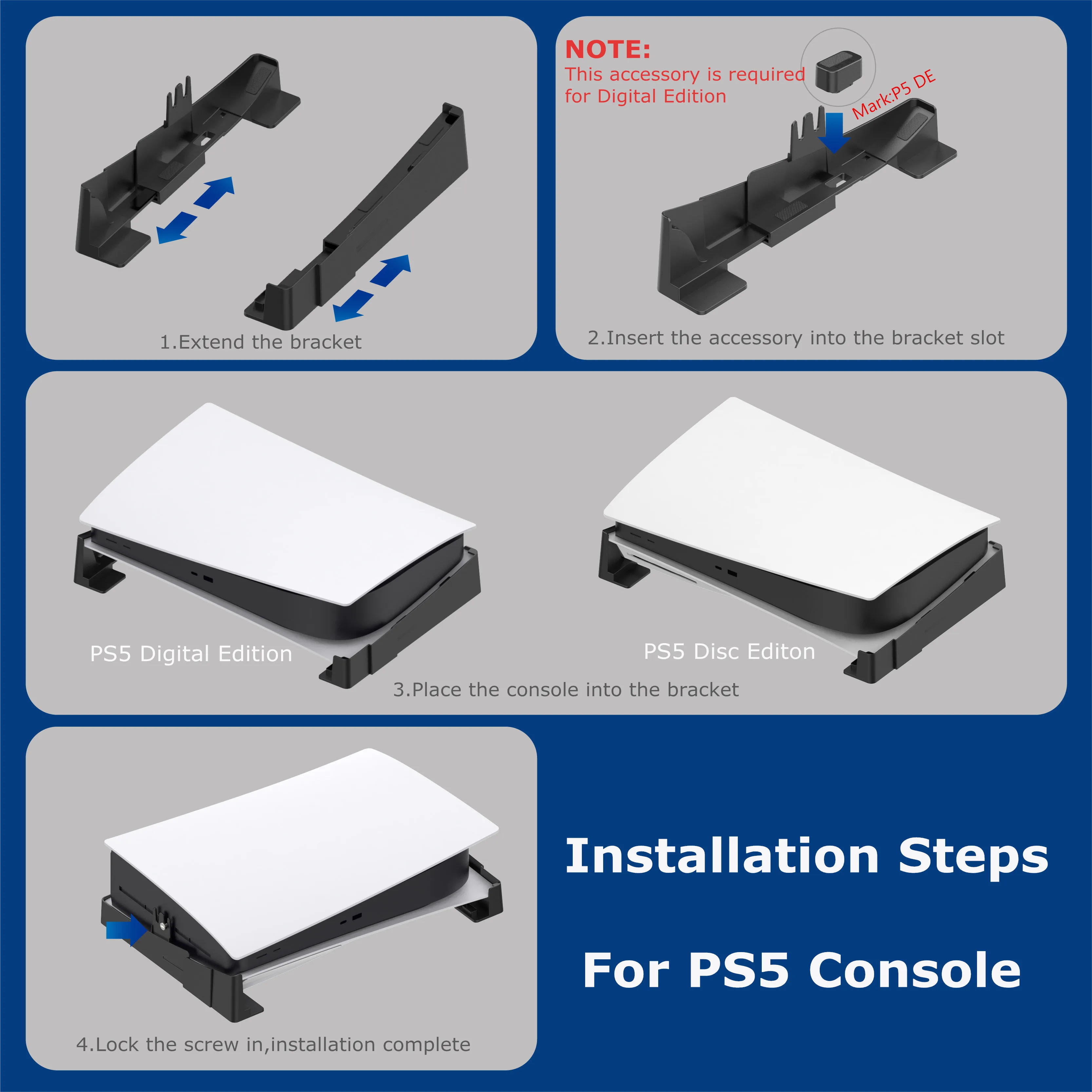 PS5/Slim/Pro Horizontaler Ständer für Disc- und Digital-Konsolen, Schützender Stabiler PlayStation 5 Ständer, Skalierbares Design für PS5-Zubehör – Detail 11