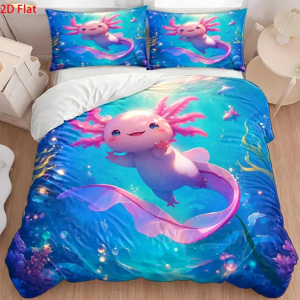 3Pc Dreamy Cute Axolotl Print Quilt Cover Set, Bedding Three-Piece Set (1*Quilt Cover + 2*Pillowcases), Quilted Quilt Cover Soft, Comfortable, Skin-Friendly, Breathable, Nordic Style Double Bedding Set for All Seasons, Invisible Zipper, Easy to Clean, Durable, Machine Washable, Modern Minimalist Light Luxury Bedroom Decor Bedspread Set, Wrinkle-Resistant 3Pc Student Dormitory Home Master Bedroom Guest Room Use, Cozy Home Large Double Bed Cover Bedding Set Combination 2