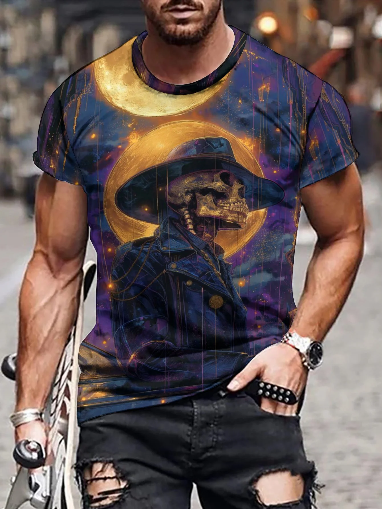 2024 New Men's 3D Graffiti Skull Pattern T-shirt, Casual Micro Elastic Breathable T-shirt, Summer Outdoor Men's Wear