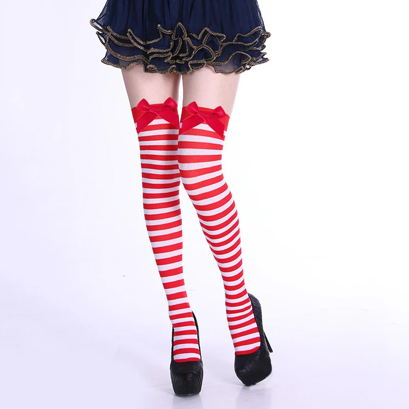 Kaus kaki natal wanita kaus kaki setinggi paha bergaris 3D busur Lolita kaus kaki bot Natal Cosplay Lucu