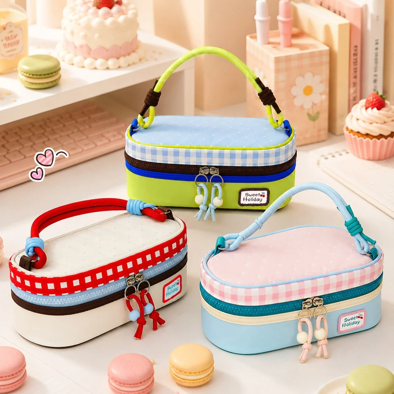 Plaid Large Capacity Stationery Pouch Color Blocked Dopamine Handheld Pen Bags Metal Rings Double Pull Head Pencil Cases