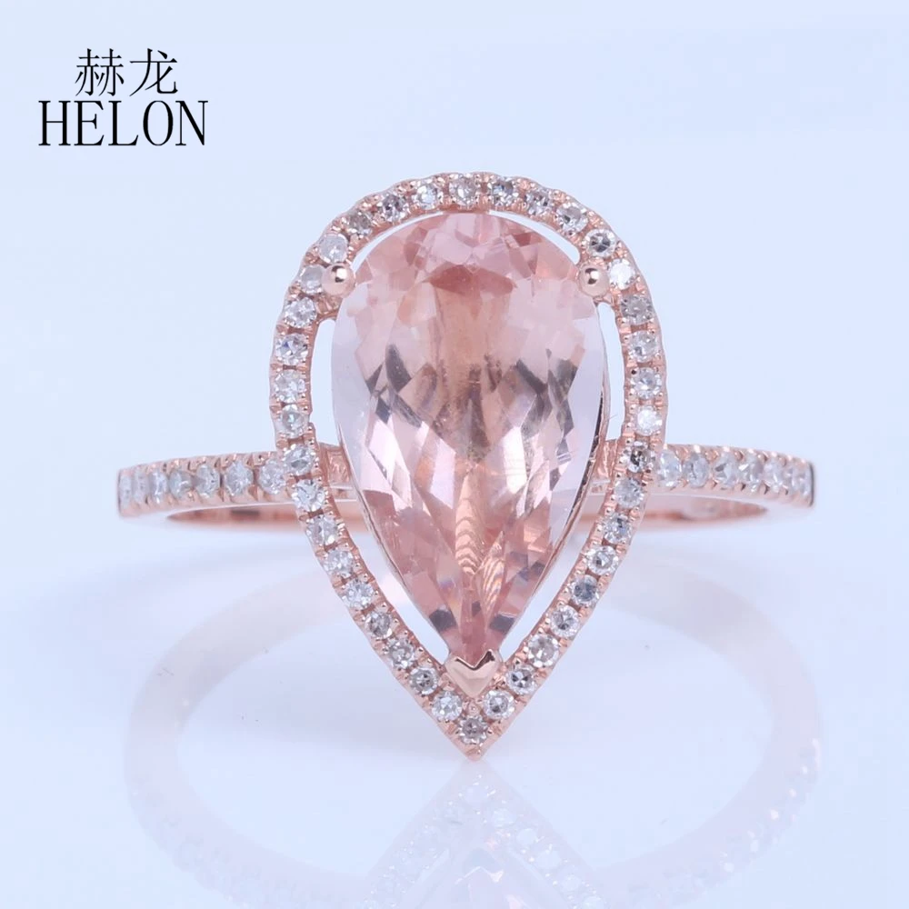 HELON Solid 14k Rose Gold Water Drop 8x12mm Natural Morganite Diamonds Engagement Ring For Women Wedding Anniversary Jewelry