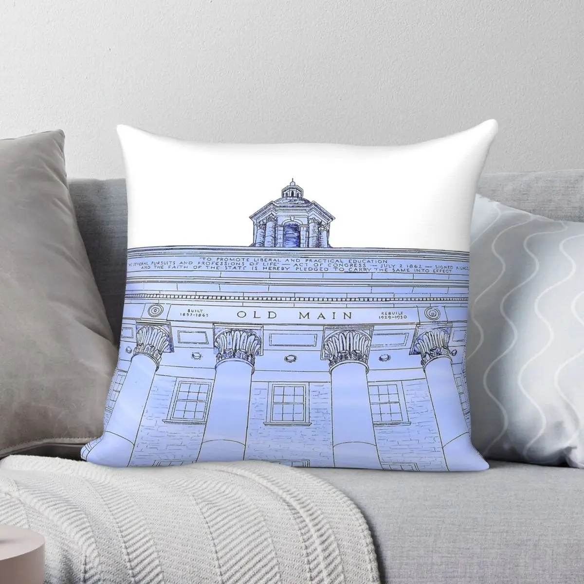 Old Main Blue White Cutout Pillowcase Polyester Linen Velvet Creative Zip Decor Pillow Case Home Cushion Cover