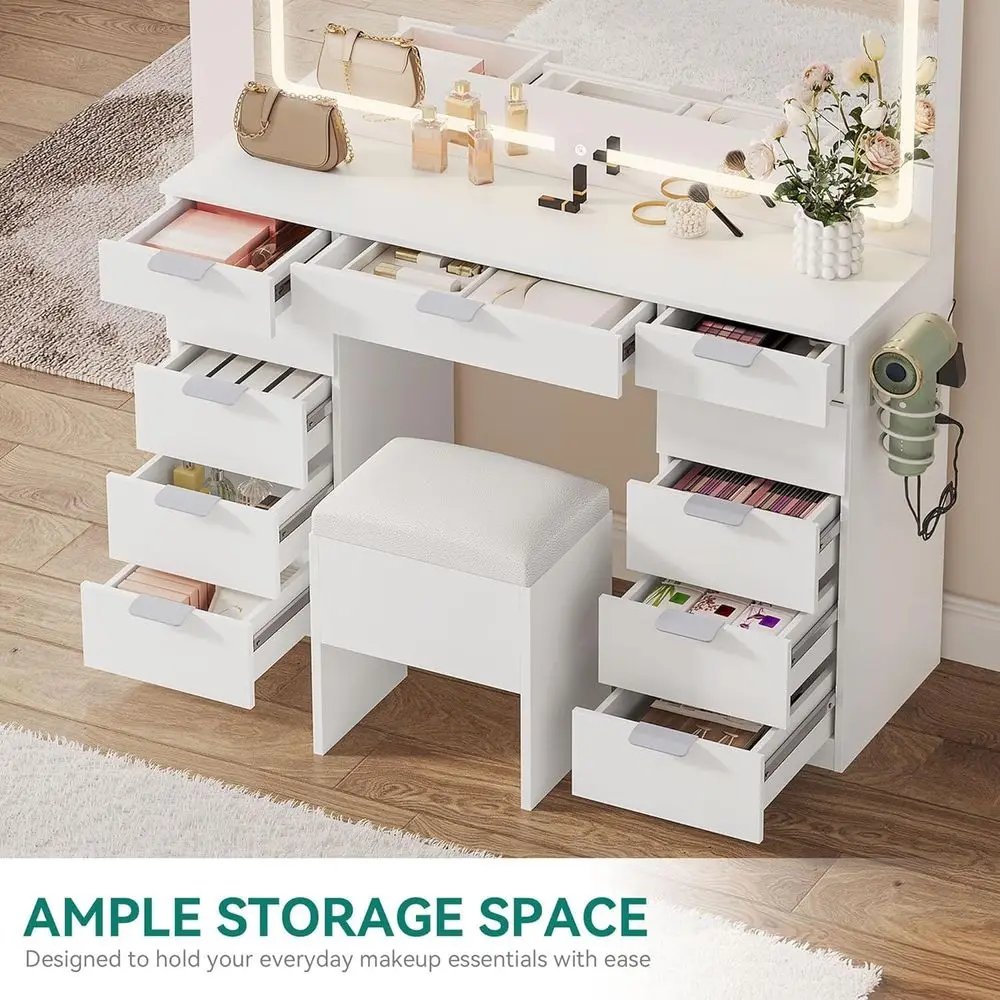 Tavolo da toeletta bianco da 46 LED con 11 cassetti, sedile imbottito, presa di corrente e specchio ingranditore