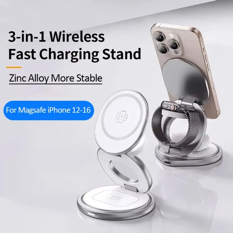 VIKEFON Carregador Sem Fio Magnético Portátil de Liga de Zinco com Suporte para Viagem, Carregamento Rápido para Magsafe iPhone 17-12, Apple Watch 9 8, Airpods Pro