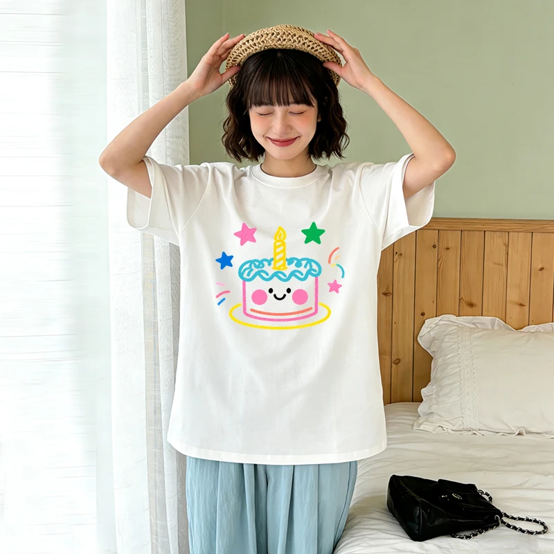2026 New Cute Birthday Cake Graphic Oversized T Shirt For Women Summer Casual Streetwear Tee