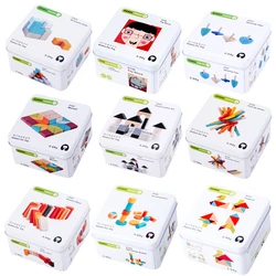 Portable Iron Box Packaging 3D Wooden Puzzle Jigsaw Cube for Baby Boy Girl Early Learning Cognitive Toys