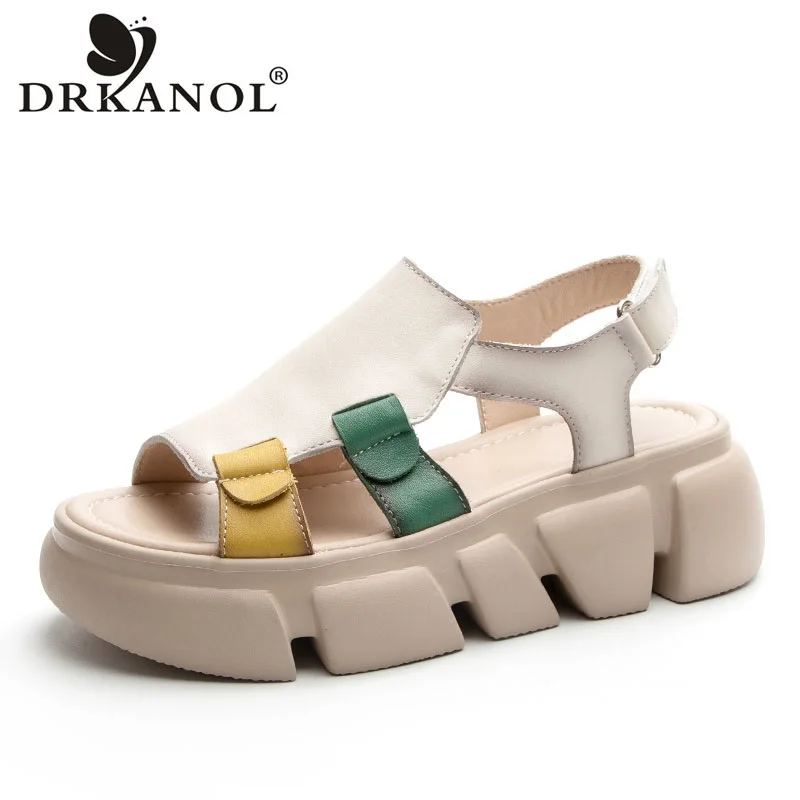 

DRKANOL 2024 Summer Sandals Women Wedges Heel Chunky Platform Open Toe Genuine Leather Mixed Colors Outside Casual Sandals Shoes