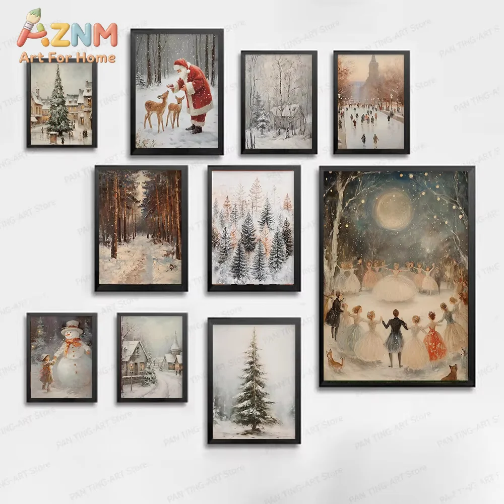 1PC Winter Christmas Landscape Canvas Painting Vintage Snow Forest Wall Art Poster Nutcracker Ballet Art Christmas Home Decor