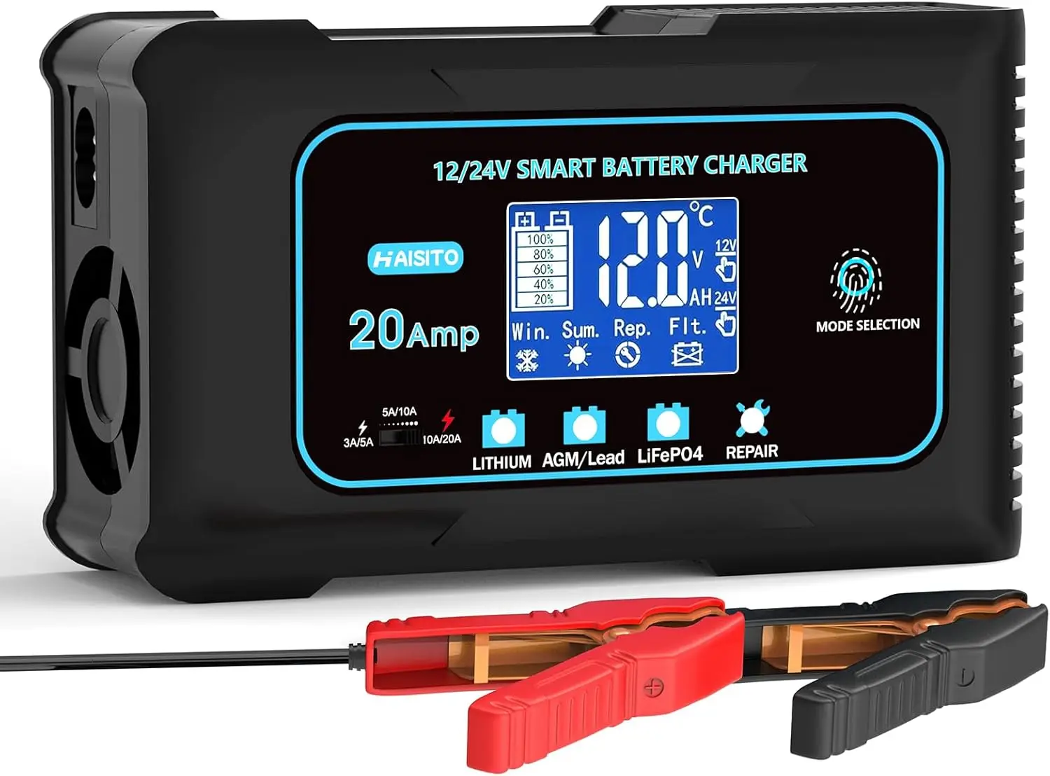 

20-Amp Smart Battery Charger for Lithium LiFePO4 & Lead-Acid, 12V/24V Rapid Automotive Charger with Temperature Compensation