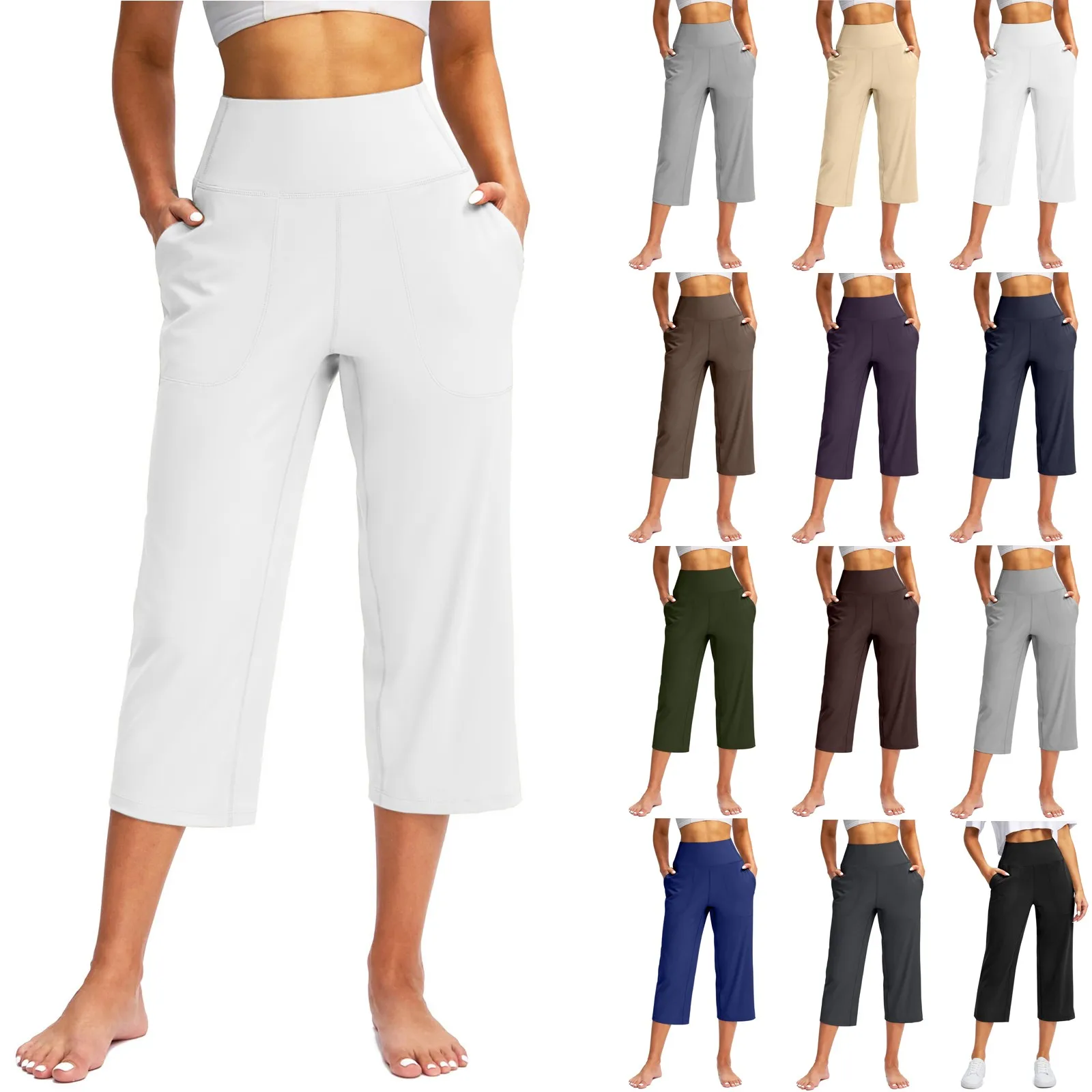 Women Elastic High Waist 3/4 Pant Casual Active  Fit Wide Capris Leg Pants Trousers With Pockets Pants for Women Women’s Pants