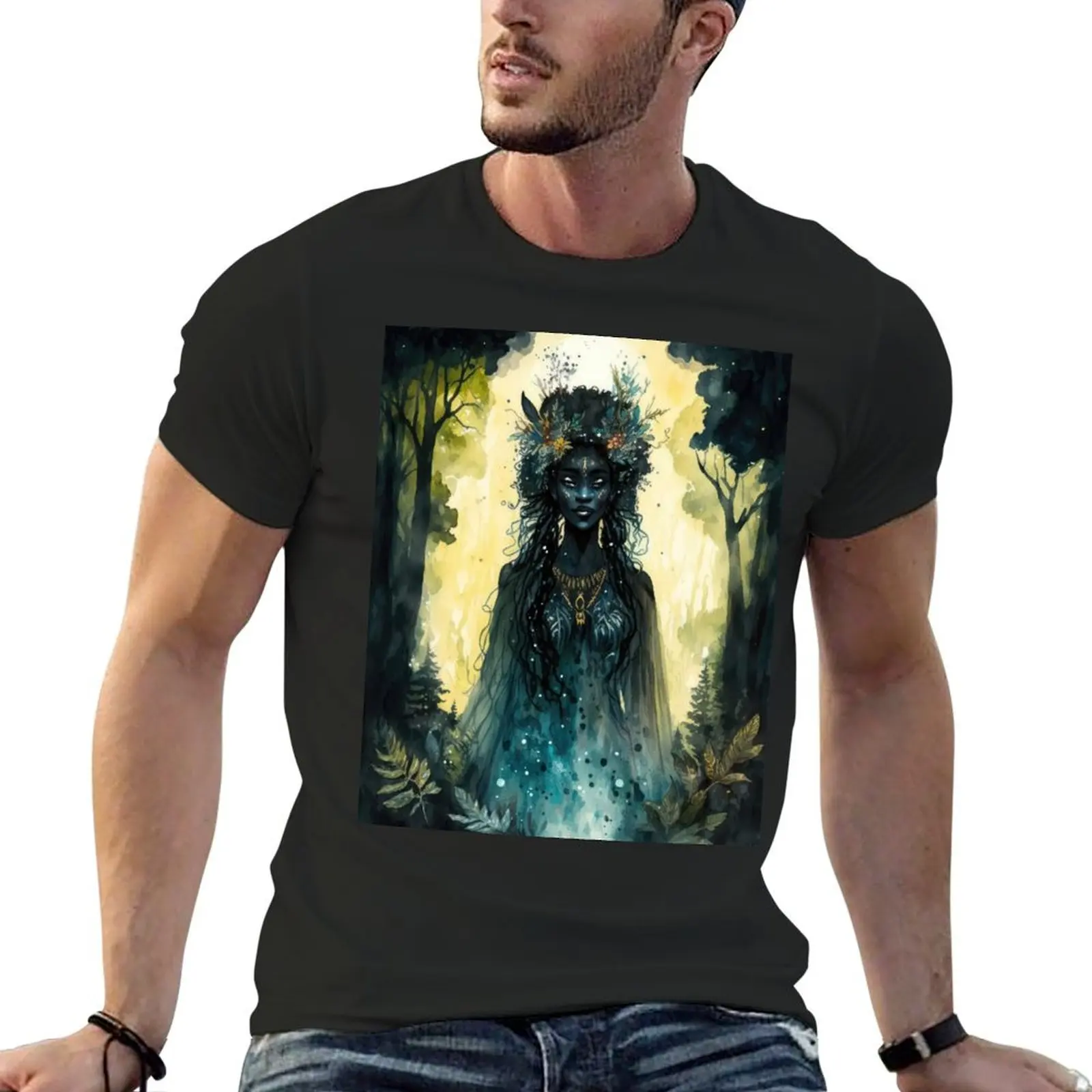 

Black Nature Goddess - African American Woodland Witchy Forest Fairy Greenwoman T-Shirt summer tops men t shirts