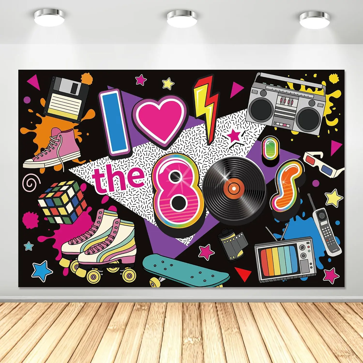 

Retro 80s party background - polyester background, neon lights, tapes, amplifiers and the text "Back to the 80s"