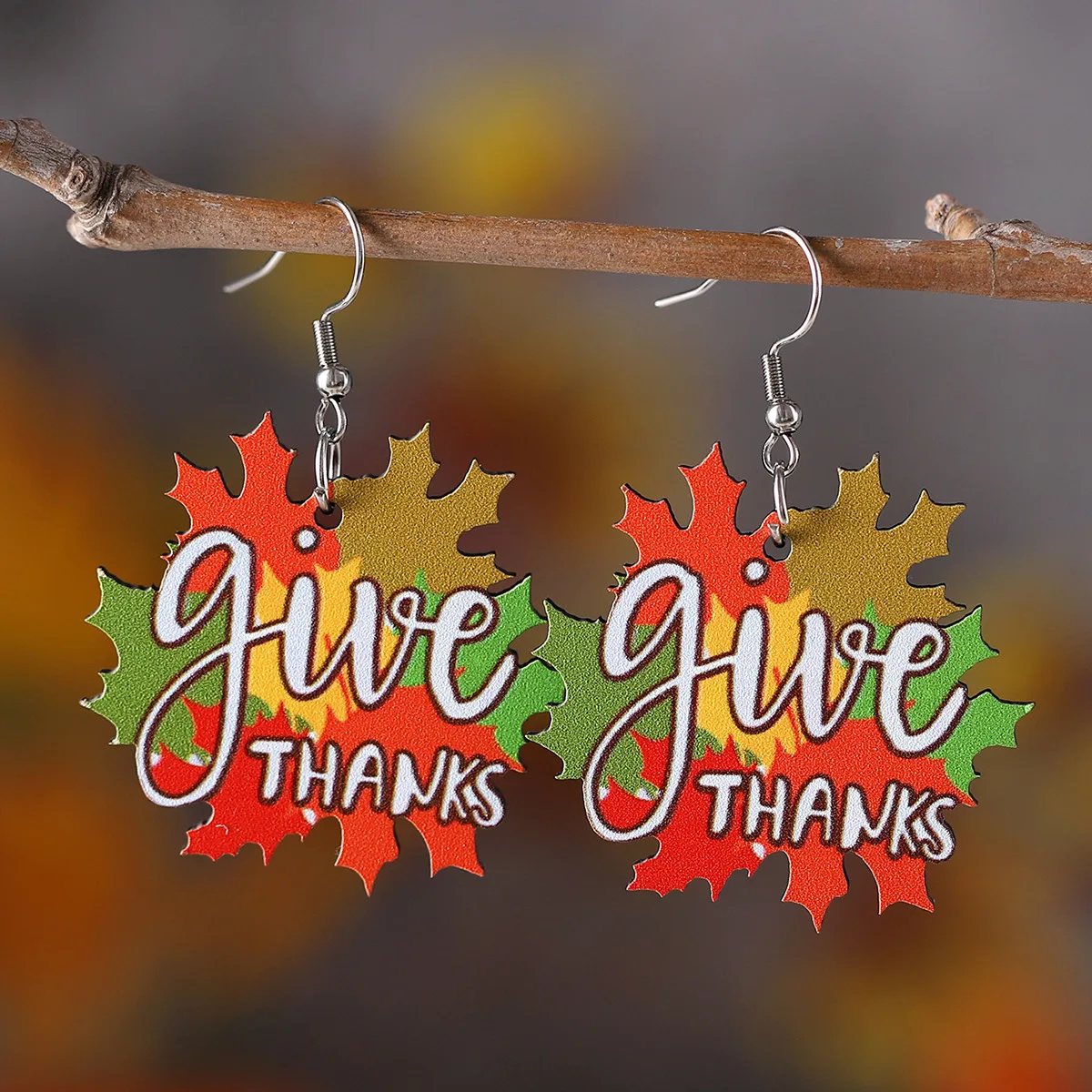 

New Autumn Harvest Thanksgiving Colorful Maple Leaf Pendant Earrings Wooden Double sided Festival Party Women's Earrings Decorat