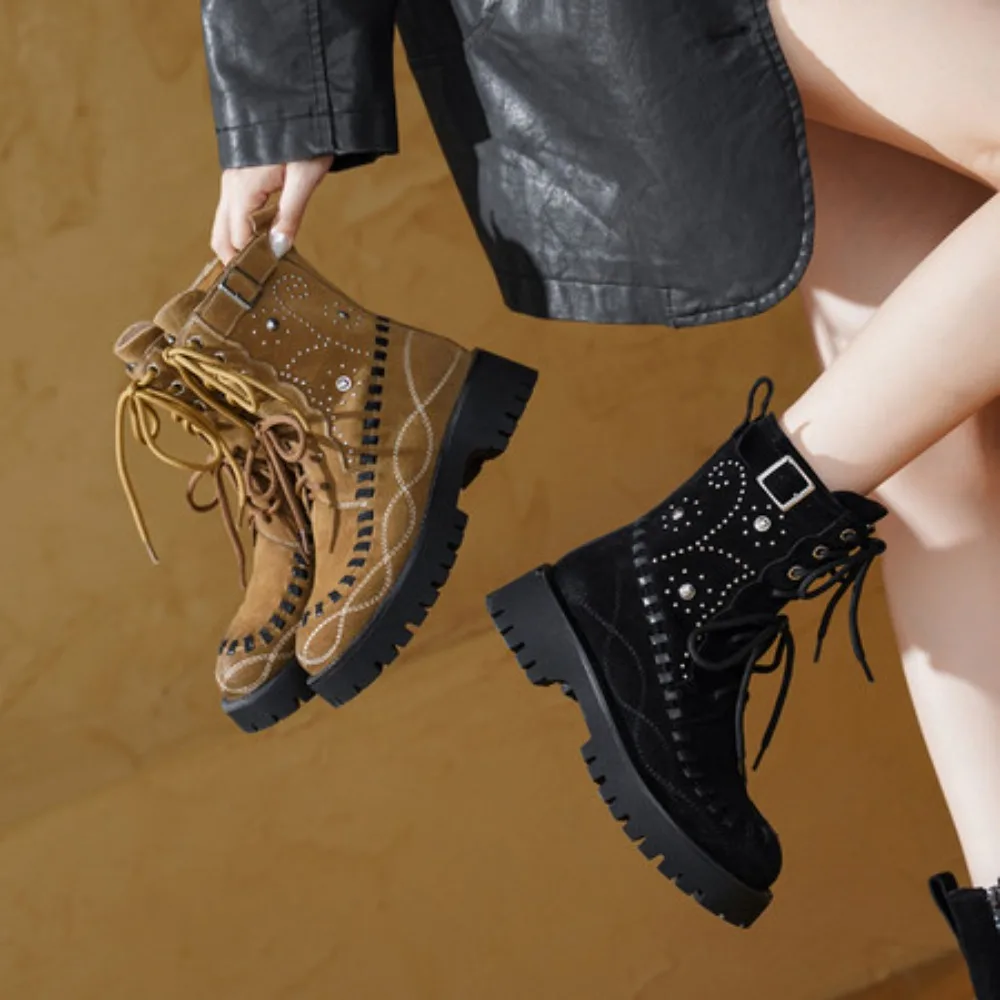 Genuine Leather Cowhide Ankle Boots, Lace-Up Round Toe Rivet Women Boots, Platform Retro Womens Shoes,Western Boots