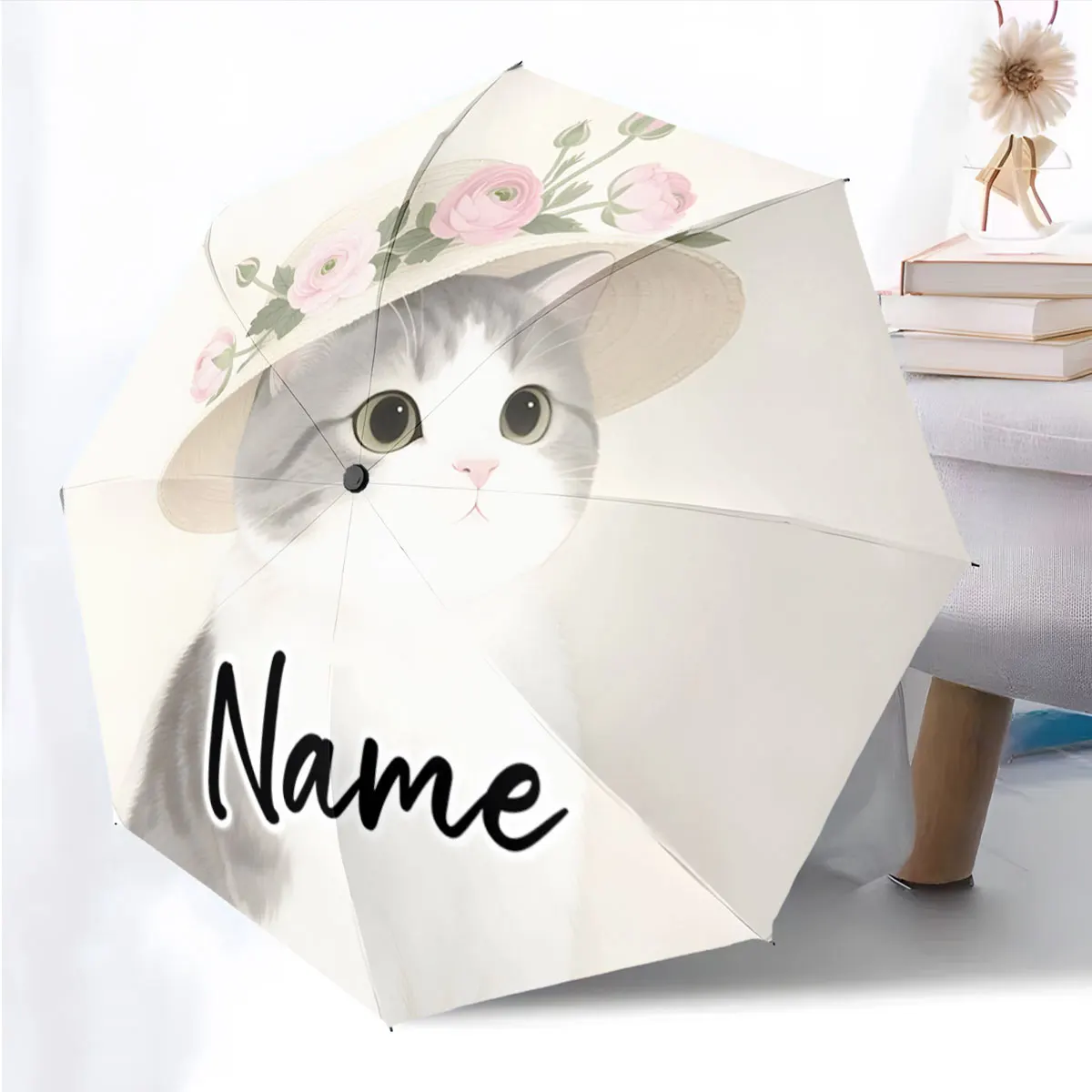 Custom Name Umbrella Cute Cat Umbrella with Floral Hat Design Print 8 Iron Ribs Folding Umbrella Auto-Open Fashion Sunshade