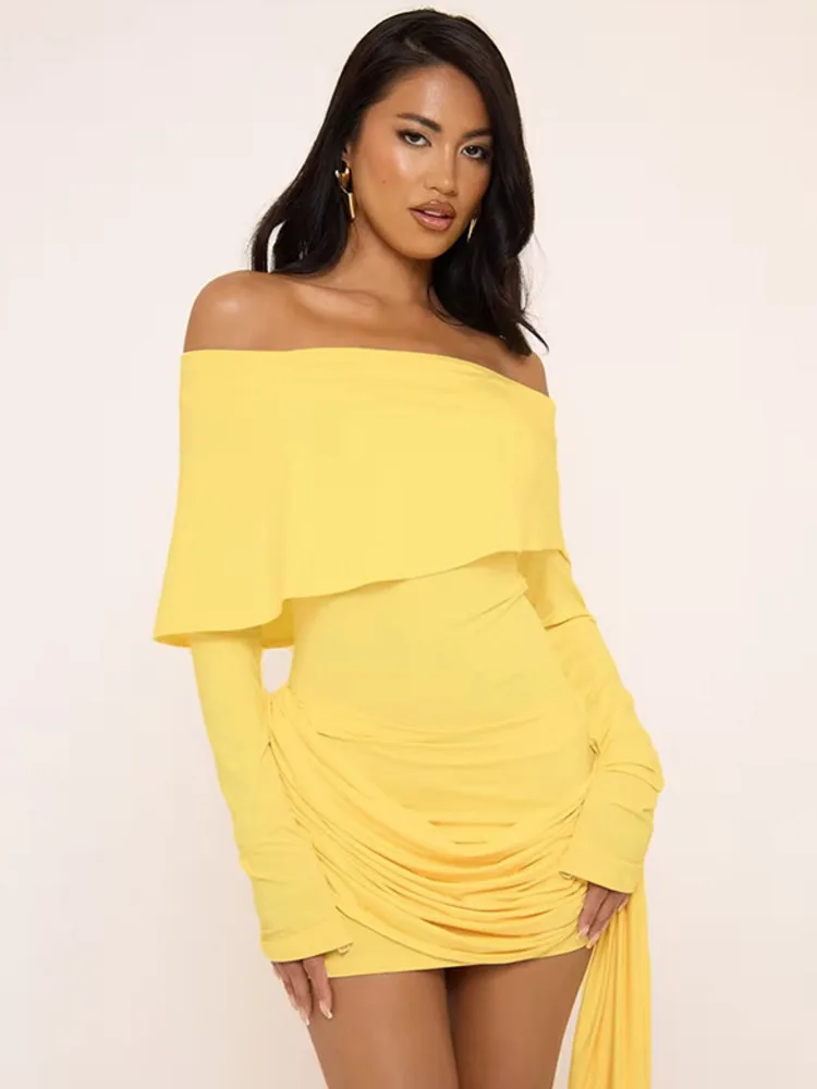 EOENKKY Off-shoulder Long Sleeve Sexy Mini Dress Women Fashion Strapless Backless Draped Ruched Club Party Dresses Female
