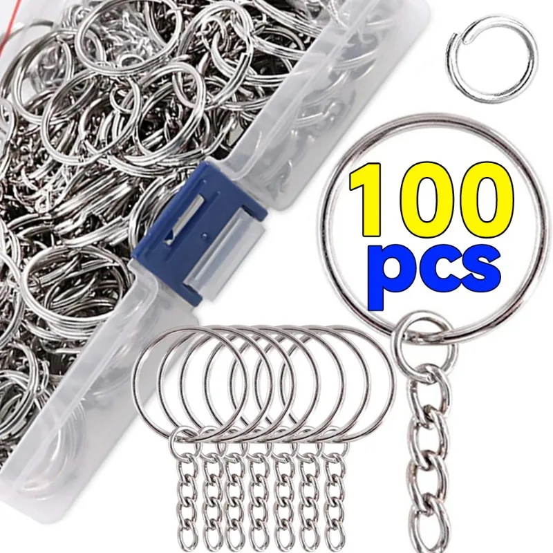 20/40/50/100pcs Metal Split Ring with Short Chain Key Rings Key Chains Women Men Polished Silver Color 25mm DIY Keyring Keychain