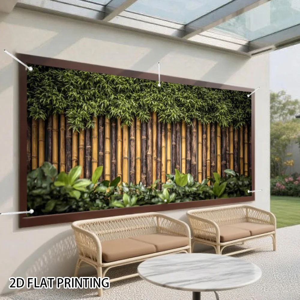 Bamboo fence panels with berry garage door banner - Easy-to-install decorative item