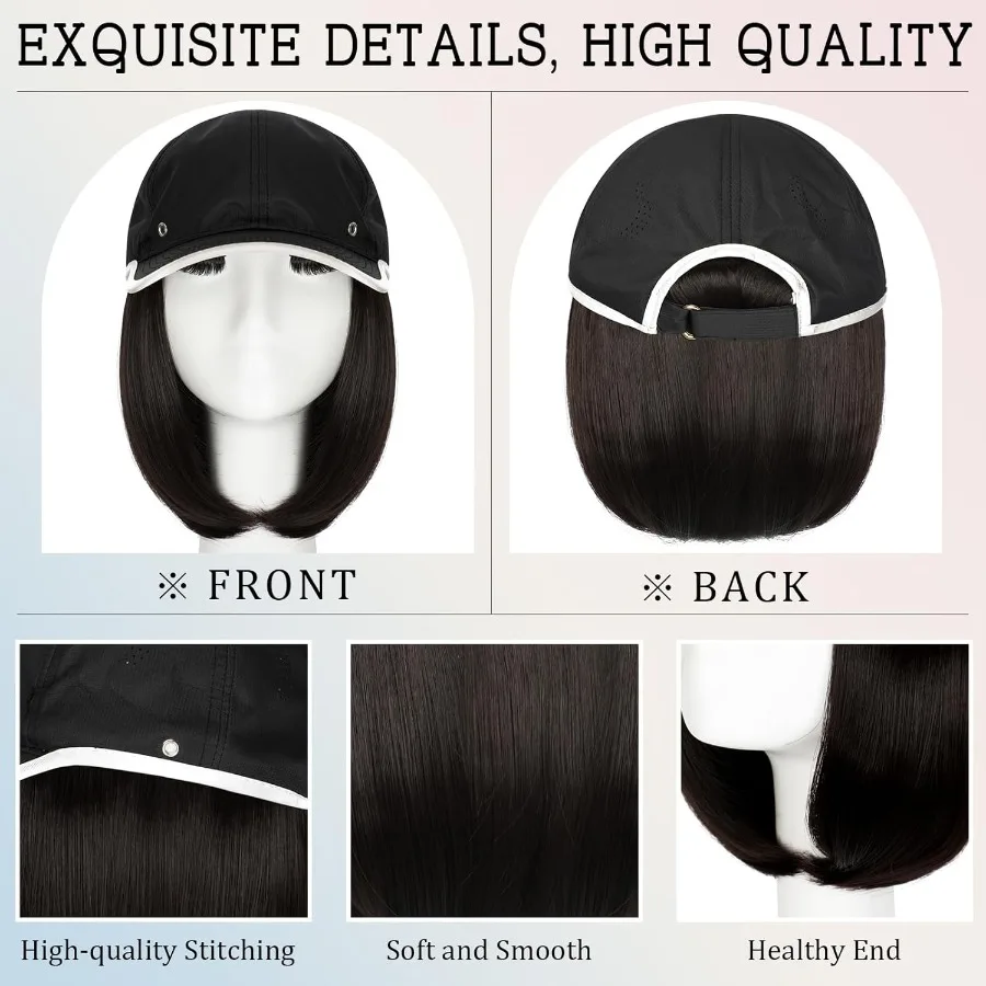 قبعة بيسبول مقاومة للماء مع نمط شعر بوب مستقيم، تاج ناعم قابل للتعديل، قبعة سريعة الجفاف للنساء، شعر صناعي قصير 14 بوصة