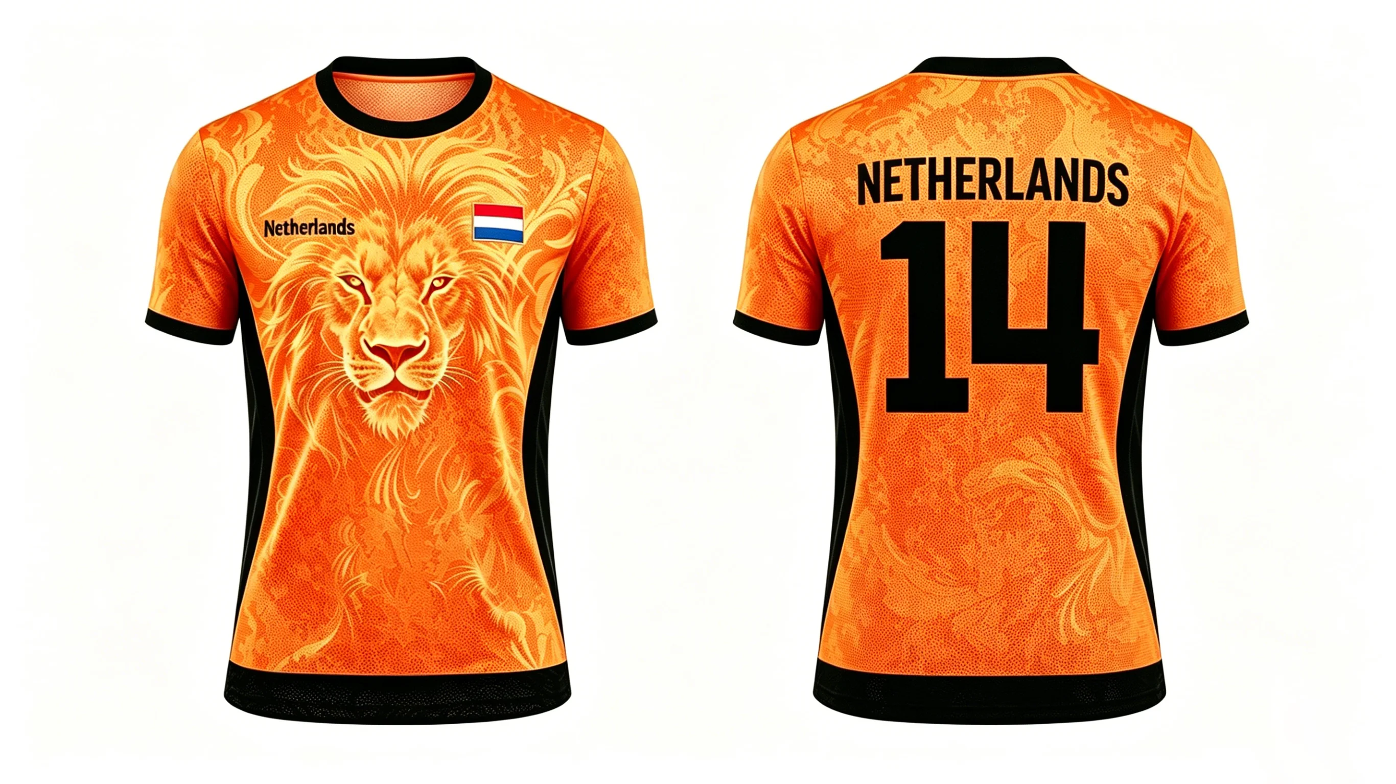 Orange Lion Graphic Soccer Jersey for Fans, Netherlands Inspired Unisex Short Sleeve Football Tee, Custom Number 14 Sports Shirt