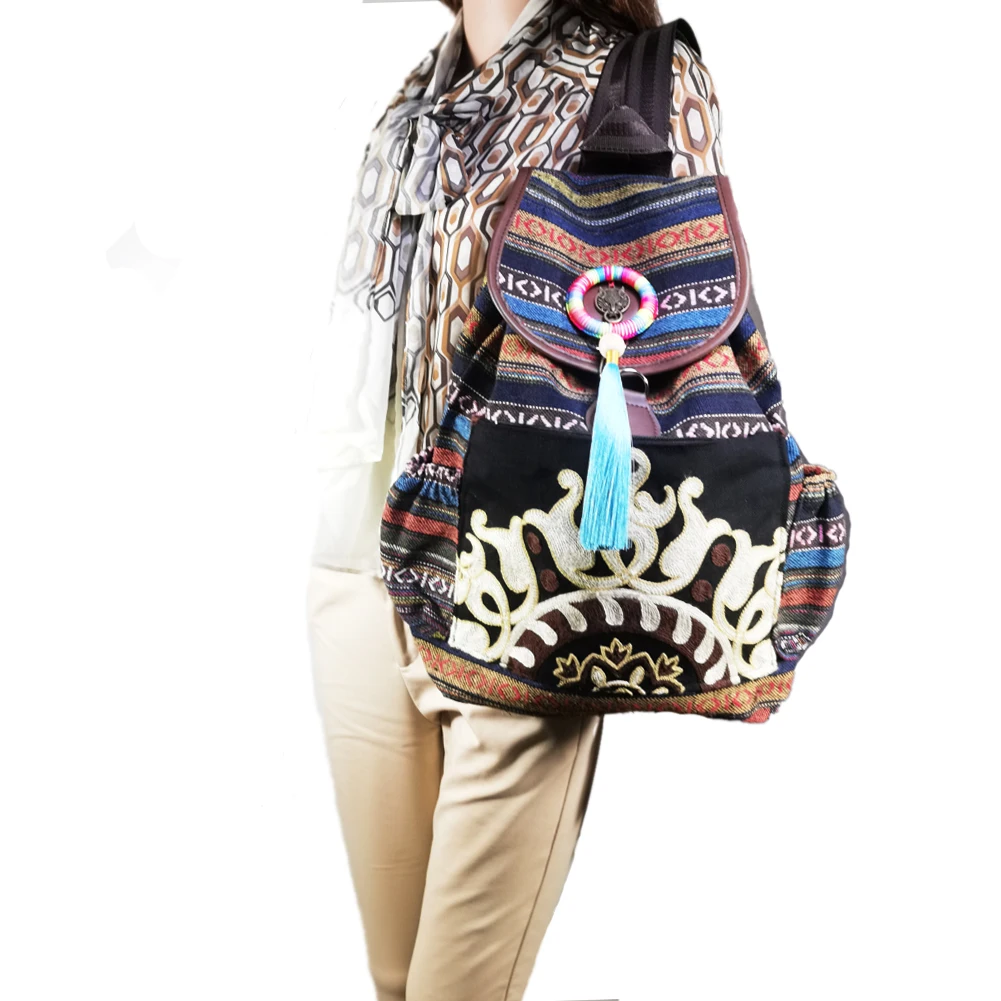 Tribal Vintage Hippie Colorful Travel Backpack Bag For Women Embroidery Pom Charm Hmong Ethnic Bohemian Boho Rucksack SYS-593
