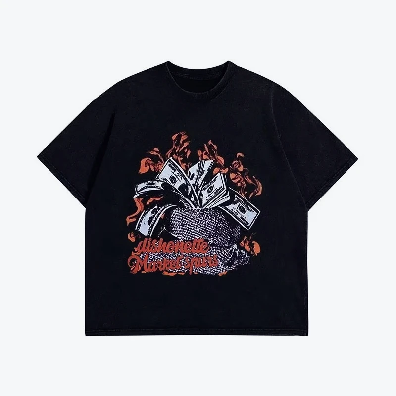 2025 جديد الأصلي على الطراز الأمريكي موضة العلامة التجارية مملة غطاء رأس أسود مشاكل قصيرة الأكمام الرجال والنساء ريترو نصف كم تي شيرت