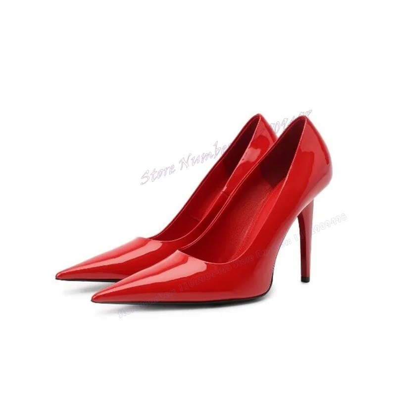 Red Patent Leather Pointed Toe Pumps Spike High Heels Shoes for Women Solid Color Sexy Luxury Shoes 2023 Zapatos Para Mujere