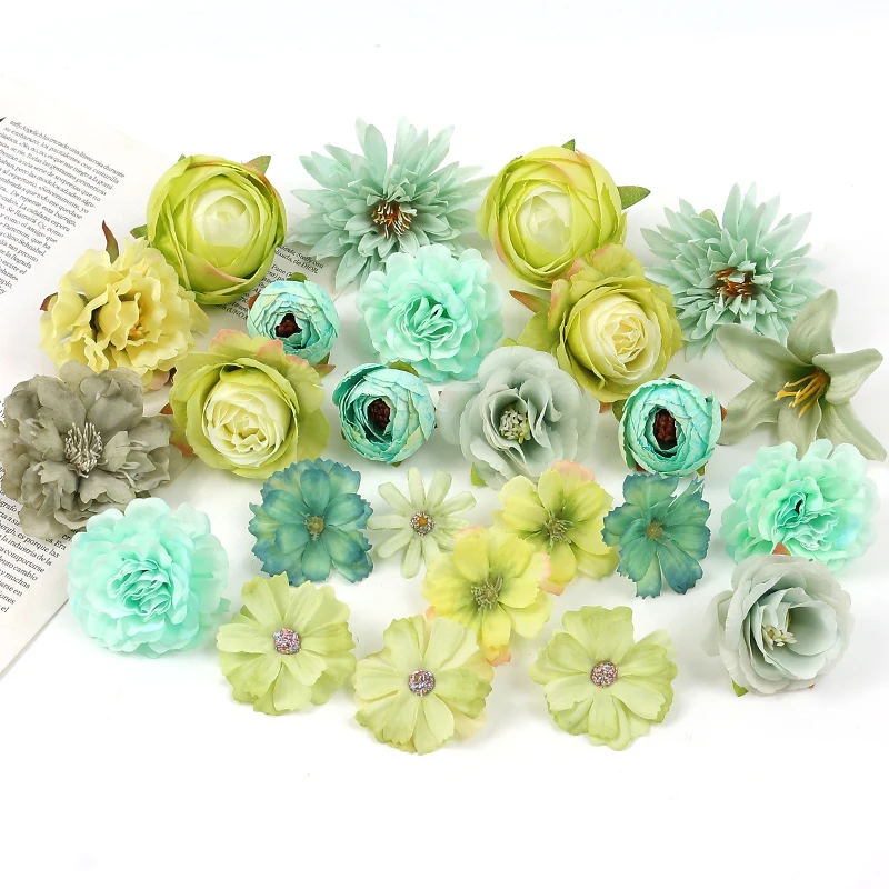 Green Rose Artificial Flowers Heads Silk Fake Flowers for Home Decor Marriage Wedding Decoration DIY Craft Wreath Gift Accessory