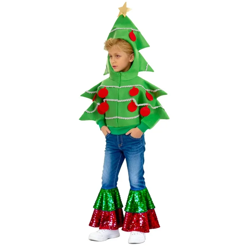 Christmas Tree Jacket Cosplay Greeen Hooded Top Pants Funny Plants Costume Role Play Outfit Xmas Theme Party for Girls Boys