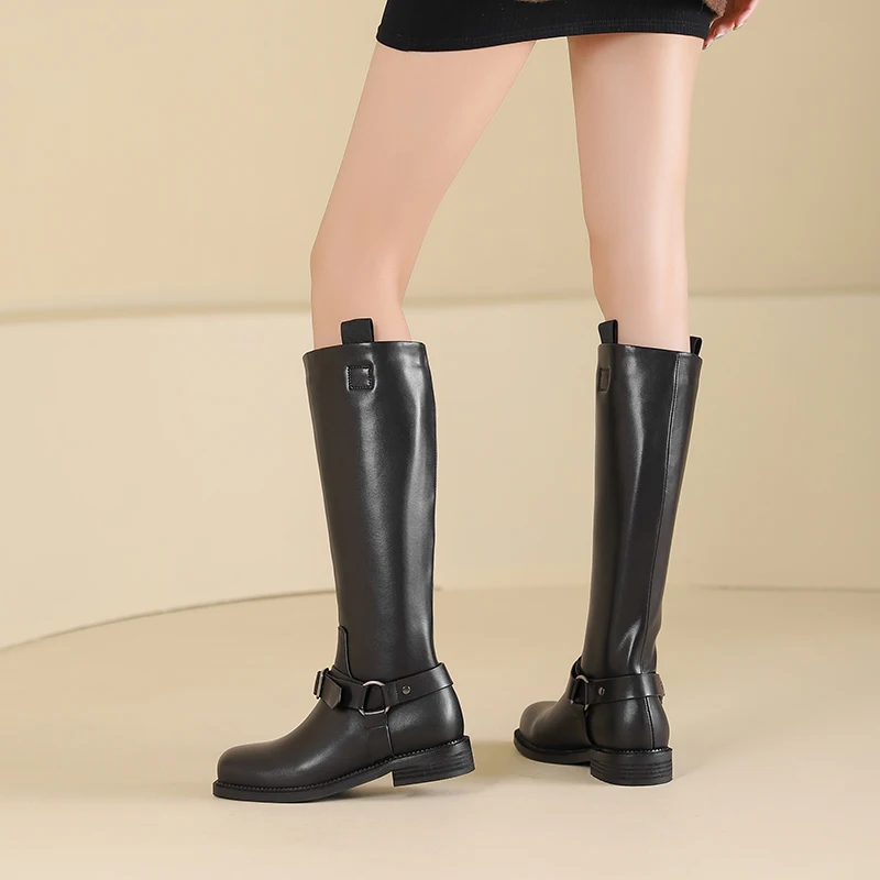 Women Rider Shoes Casual Leather and Fiber Knee Botas Designer Black Street Riding Boots Motorcycle Knight Boots Chunky Heel