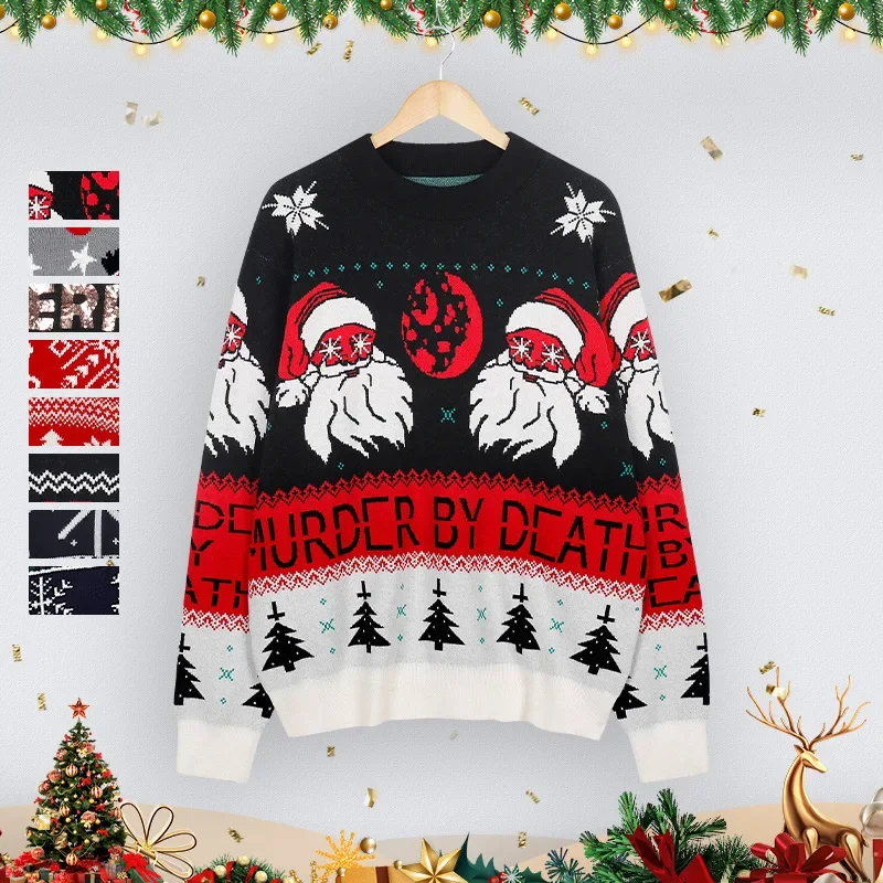 Women Sweater Christmas Snowflake Knitted Cute Santa Head Pattern Crewneck Pullover Sweater Round Neck Long Sleeve Sweater