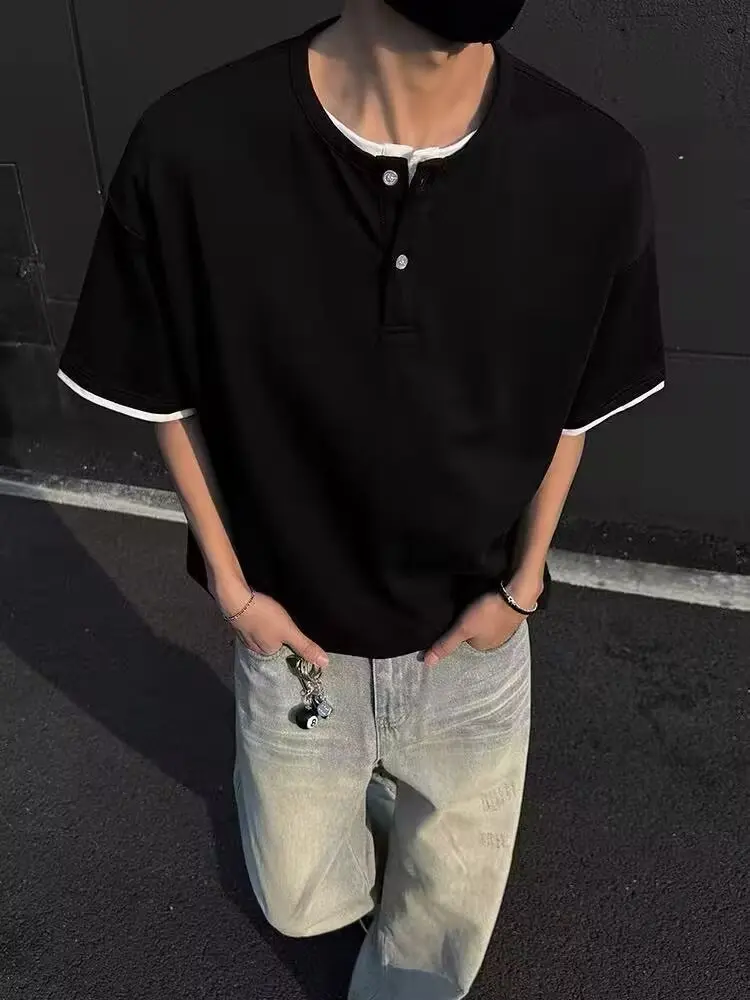 Versatile casual button short sleeved T-shirt men's Korean version slim fit comfortable simple V-neck half sleeved base shirt