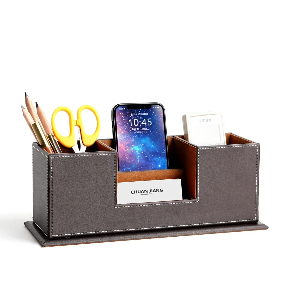 Leather stationery Wooden pen holder Multi-functional business card holder Desktop storage box Fashion office supplies gifts