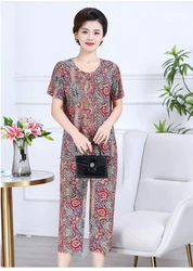 Middle-aged and Elderly Women Summer Short Sleeve Floral Print Loose  T-shirt Top Wide-leg Pant 2PCS Set Mother suit