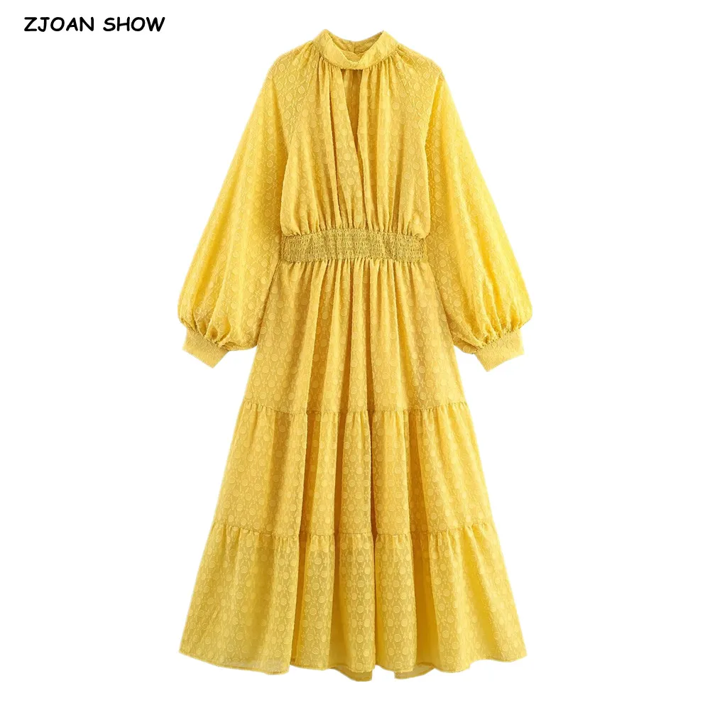 2025年ヴィンテージイエロー3Dドットランタン袖シフォンドレス女性用カットアウトVスタンドカラーゴムウエストスイングドレスホリデーローブ