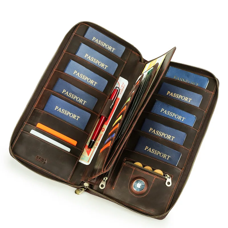 

Crazy Horse Leather Passport Holder With AirTag Slot RFID Blocking Family Travel Portable Document Wallet Organizer Clutches