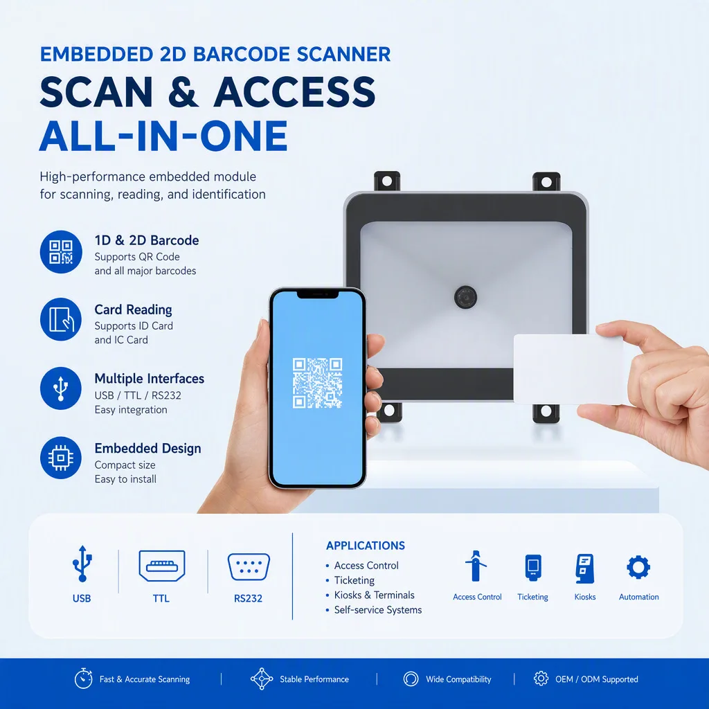 Embedded QR Code Reader Module RS232 TTL Interface 1D/2D Barcode QR Code Scanner Wiegand USB Support ID/IC Card