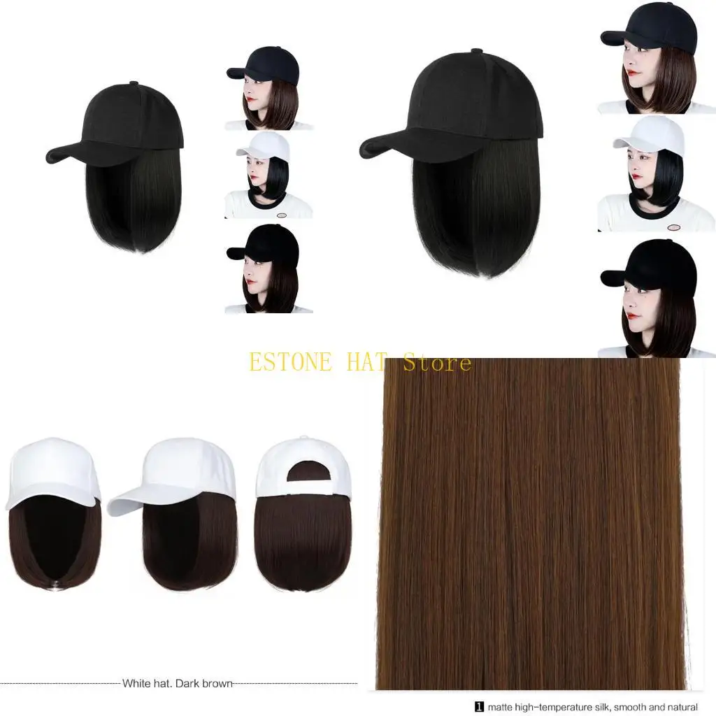 49MF Baseball Cap With Hair Extensions For Women Straight Short Bob Baseball Hat