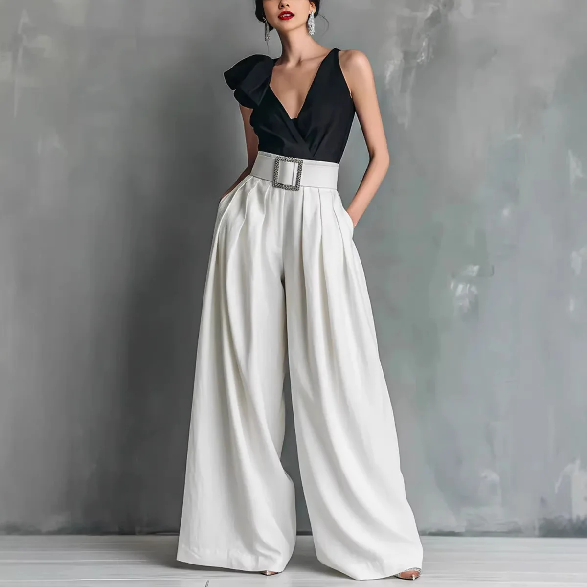 Damen High-Waist Weite Hosen mit Quadratischem Schnallenverschluss, Plissierte Lose Lange Hosen für Büro, Abend und Party – Detail 13