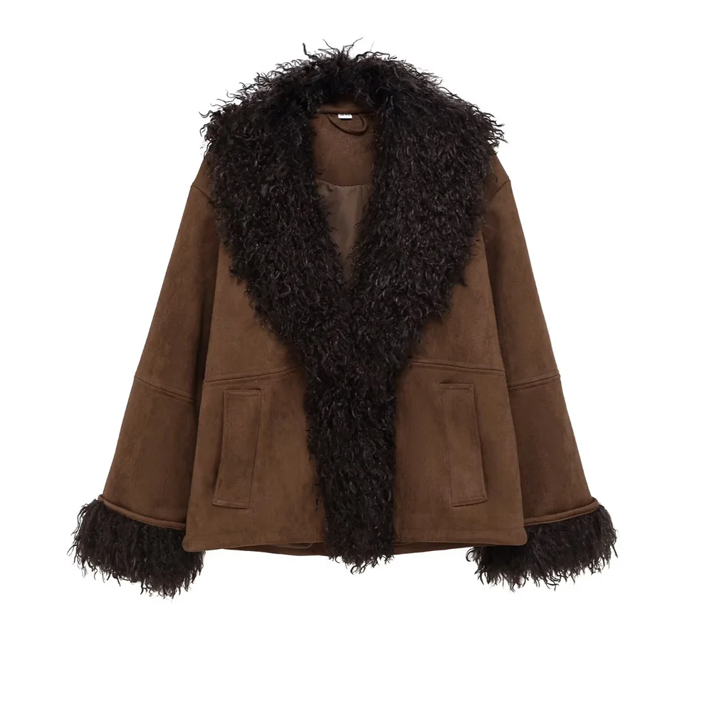 

Autumn and winter new women's fashionable temperament lapel long sleeved double-sided faux fur effect jacket jacket